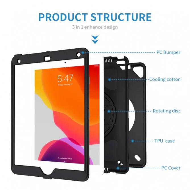 Armor-X Exn Case For iPad 8Th Gen 10.2 (2020 & 2019) Ultimate 3 Layers Shockproof Rugged Case With Hand Strap & Kick Stand- Black - Tashqila Armor-X Exn Case For iPad 8Th Gen 10.2 (2020 & 2019) Ultimate 3 Layers Shockproof Rugged Case With Hand Strap & Kick Stand- Black - Tashqila
